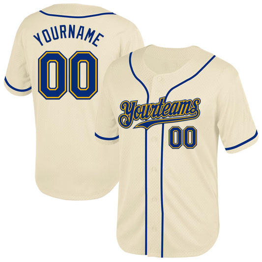 Custom Cream Royal-Gold Mesh Authentic Throwback Baseball Jersey - Main View