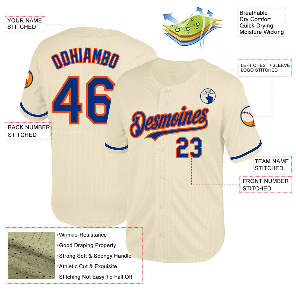 Custom Cream Royal-Orange Mesh Authentic Throwback Baseball Jersey view 3