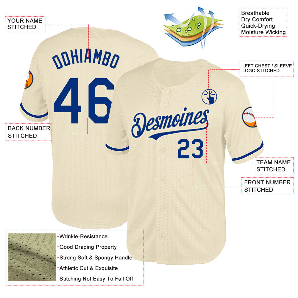 Custom Cream Royal Mesh Authentic Throwback Baseball Jersey view 3