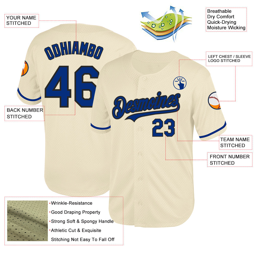 Custom Cream Royal-Black Mesh Authentic Throwback Baseball Jersey view 3
