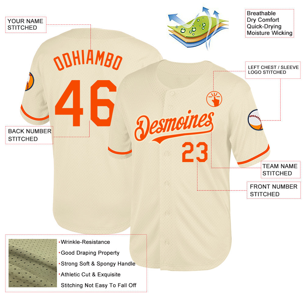 Custom Cream Orange Mesh Authentic Throwback Baseball Jersey view 3