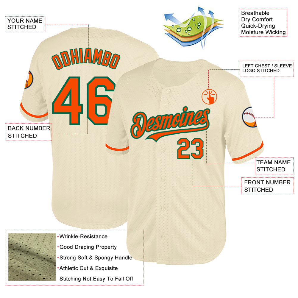 Custom Cream Orange-Kelly Green Mesh Authentic Throwback Baseball Jersey view 3