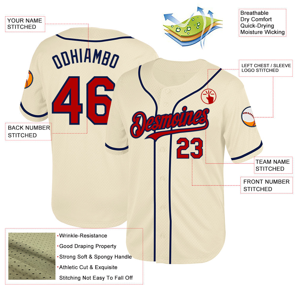 Custom Cream Red-Navy Mesh Authentic Throwback Baseball Jersey view 3