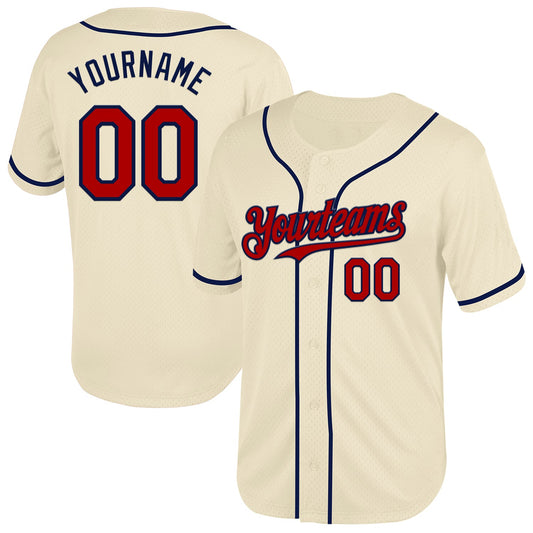 Custom Cream Red-Navy Mesh Authentic Throwback Baseball Jersey - Main View