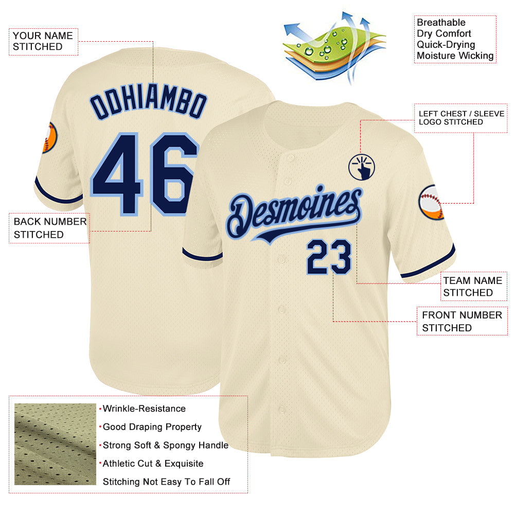 Custom Cream Navy-Light Blue Mesh Authentic Throwback Baseball Jersey view 3