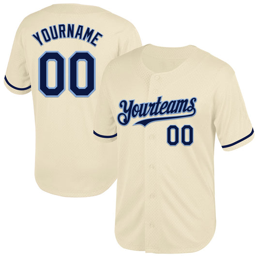 Custom Cream Navy-Light Blue Mesh Authentic Throwback Baseball Jersey - Main View