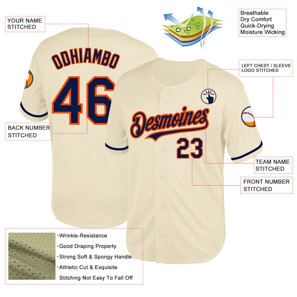 Custom Cream Navy-Orange Mesh Authentic Throwback Baseball Jersey view 3