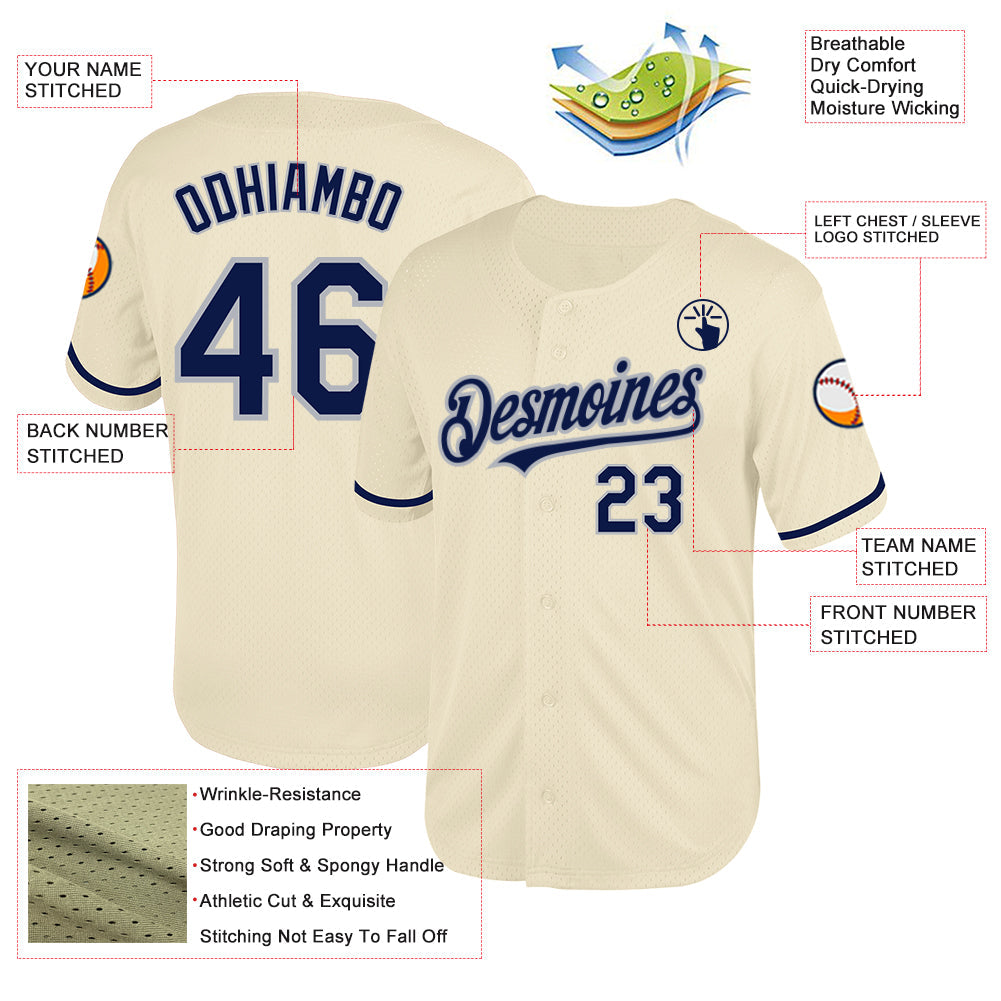 Custom Cream Navy-Gray Mesh Authentic Throwback Baseball Jersey view 3