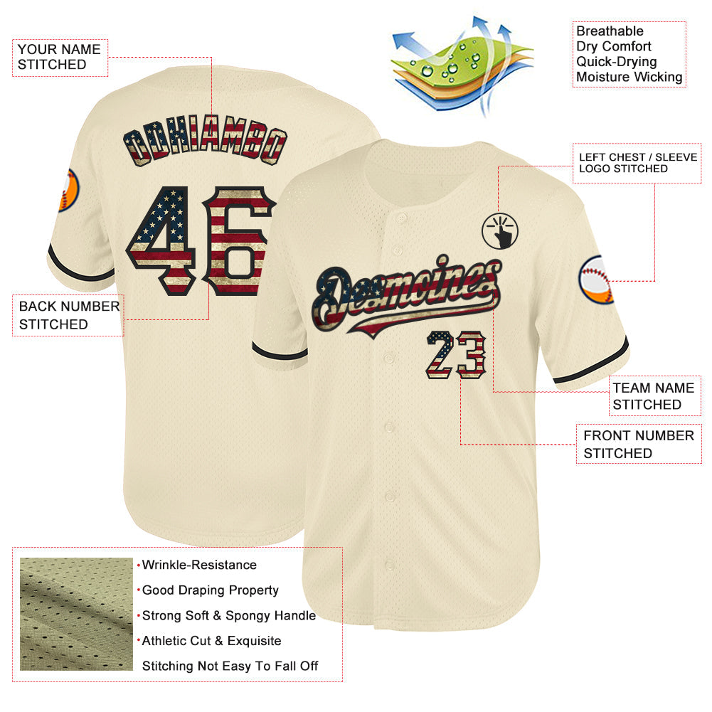 Custom Cream Vintage USA Flag-Black Mesh Authentic Throwback Baseball Jersey view 3