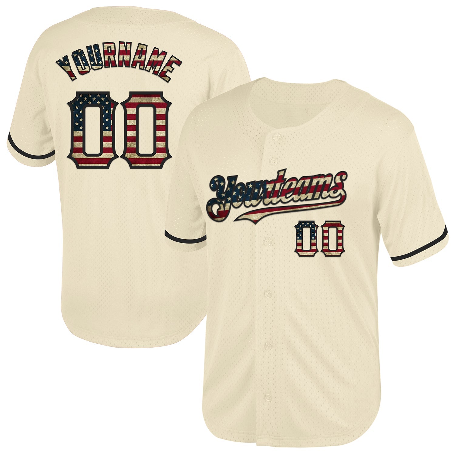 Custom Cream Vintage USA Flag-Black Mesh Authentic Throwback Baseball Jersey - Main View