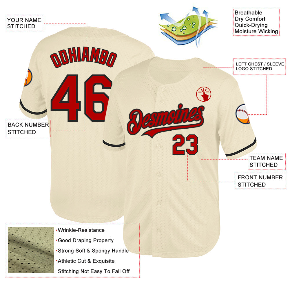 Custom Cream Red-Black Mesh Authentic Throwback Baseball Jersey view 3