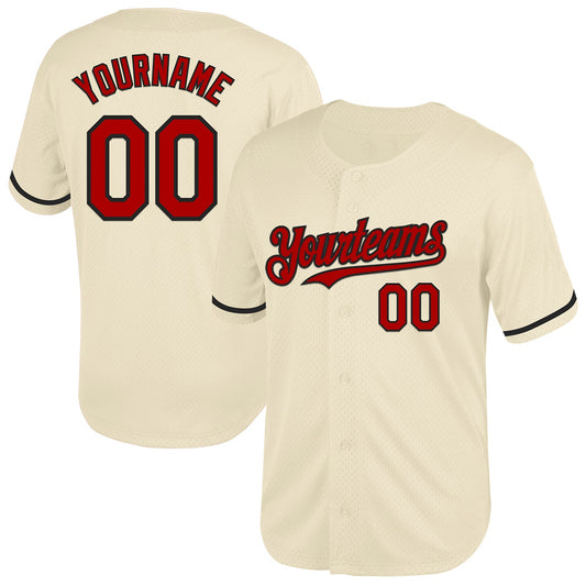 Custom Cream Red-Black Mesh Authentic Throwback Baseball Jersey - Main View