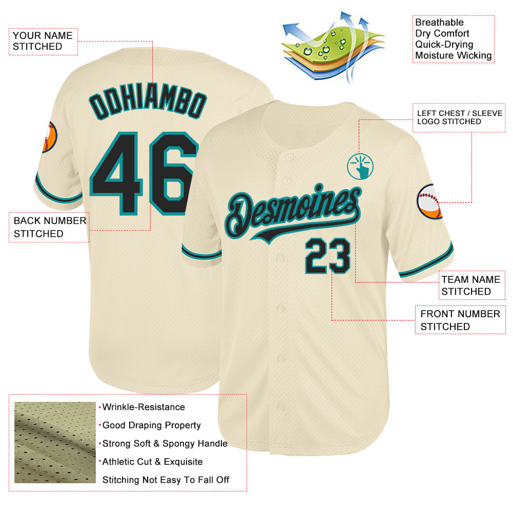 Custom Cream Black-Teal Mesh Authentic Throwback Baseball Jersey view 3
