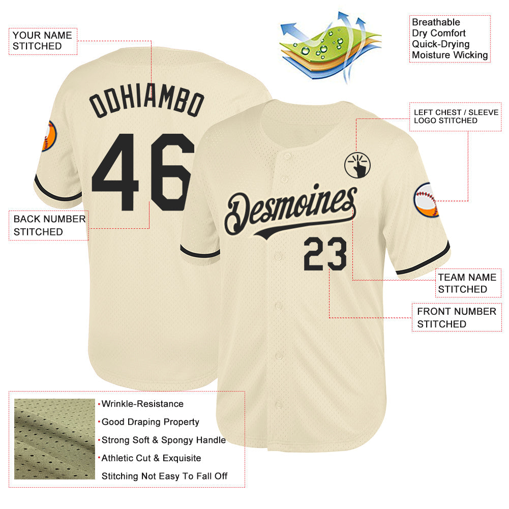 Custom Cream Black Mesh Authentic Throwback Baseball Jersey view 3