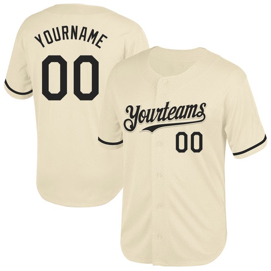 Custom Cream Black Mesh Authentic Throwback Baseball Jersey - Main View