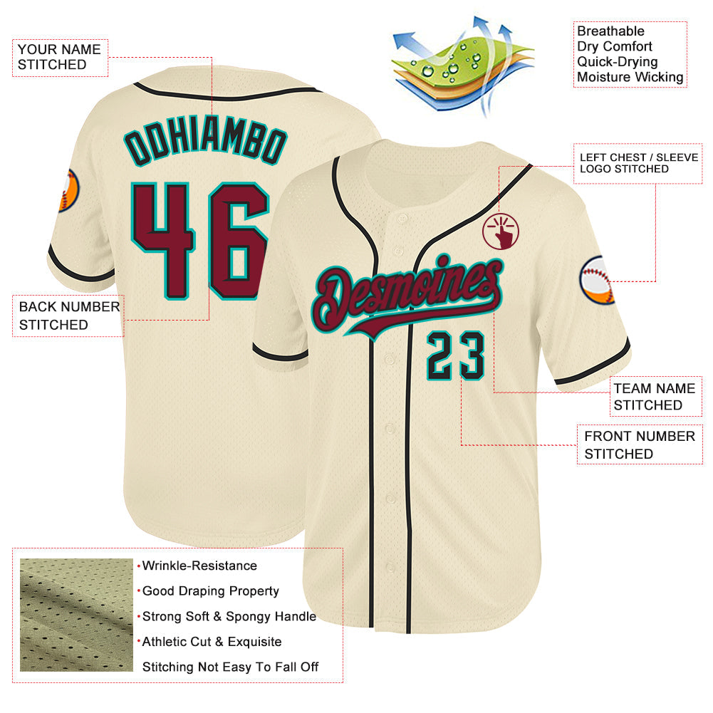 Custom Cream Crimson Black-Aqua Mesh Authentic Throwback Baseball Jersey view 3