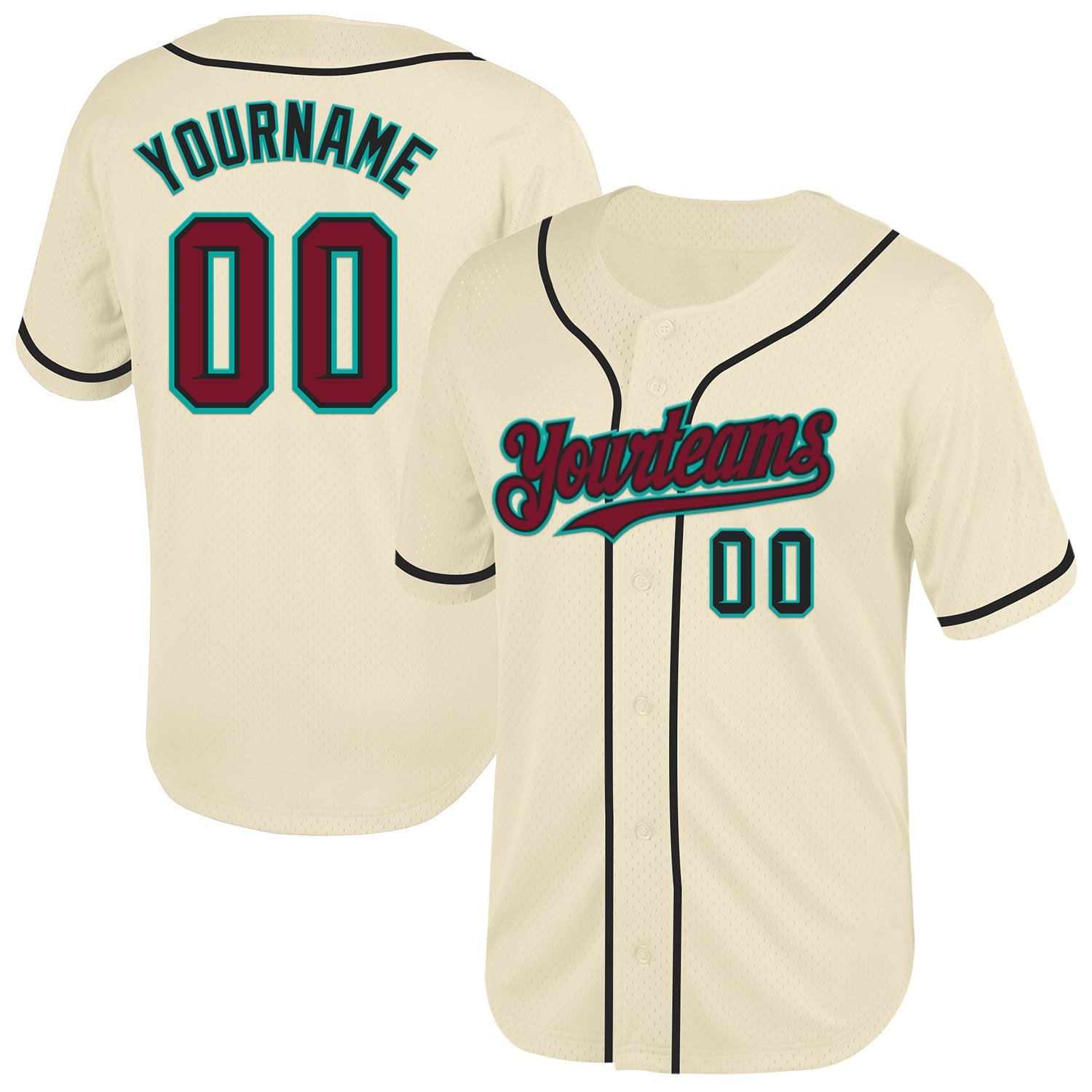 Custom Cream Crimson Black-Aqua Mesh Authentic Throwback Baseball Jersey - Main View