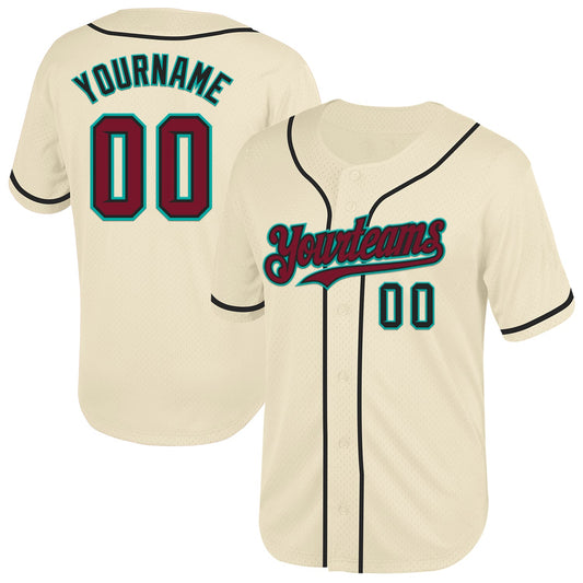 Custom Cream Crimson Black-Aqua Mesh Authentic Throwback Baseball Jersey - Main View