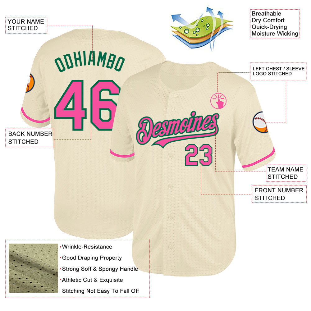 Custom Cream Pink-Kelly Green Mesh Authentic Throwback Baseball Jersey view 3