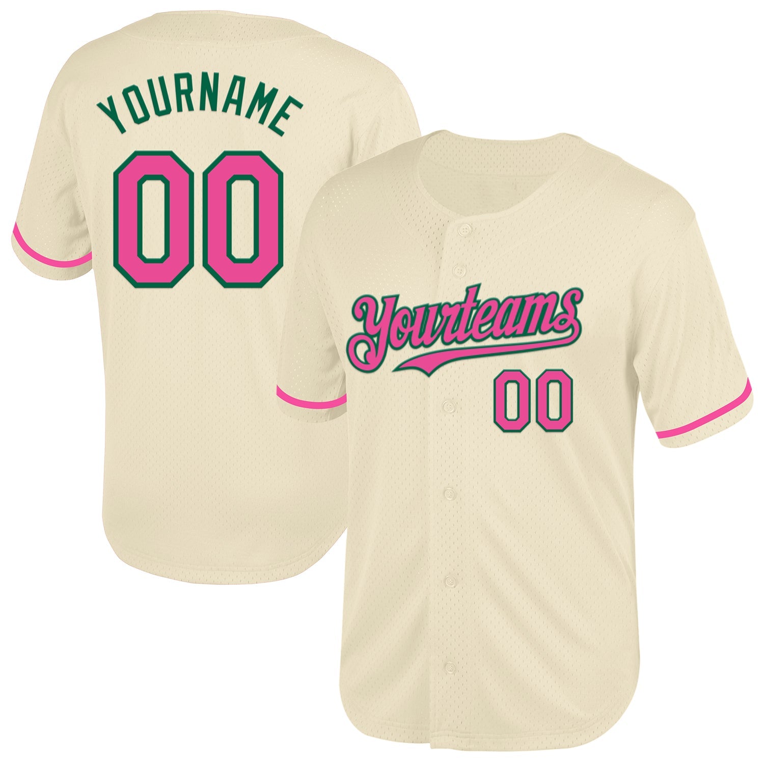 Custom Cream Pink-Kelly Green Mesh Authentic Throwback Baseball Jersey - Main View