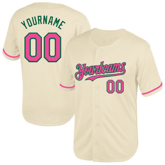 Custom Cream Pink-Kelly Green Mesh Authentic Throwback Baseball Jersey - Main View