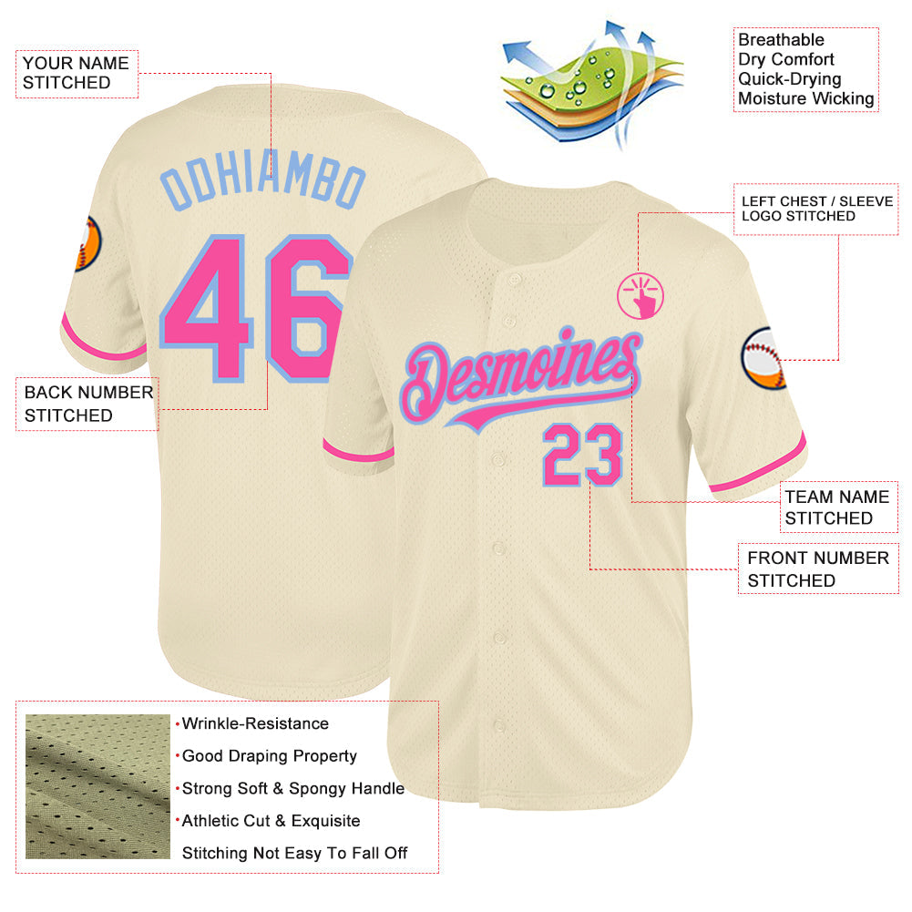 Custom Cream Pink-Light Blue Mesh Authentic Throwback Baseball Jersey view 3