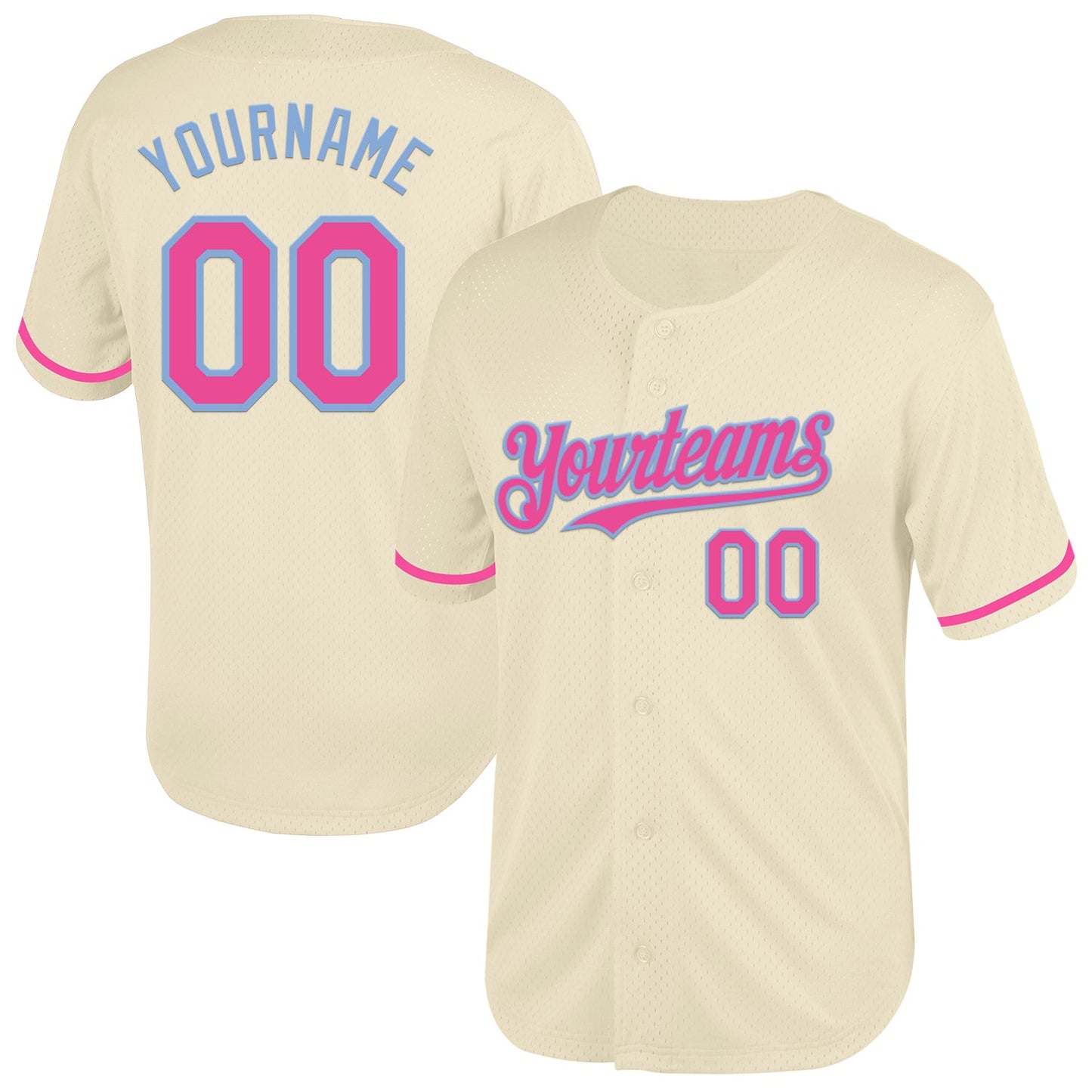 Custom Cream Pink-Light Blue Mesh Authentic Throwback Baseball Jersey - Main View