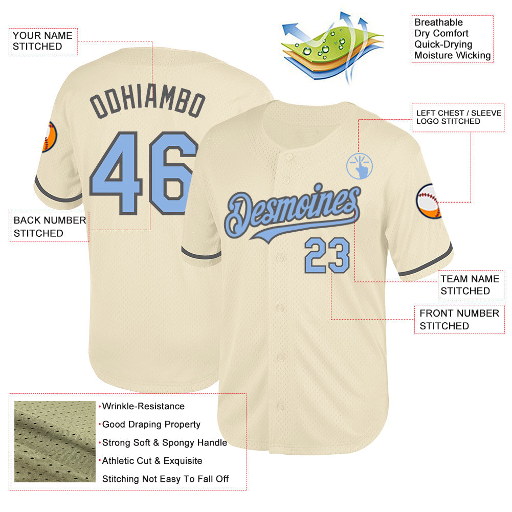 Custom Cream Light Blue-Steel Gray Mesh Authentic Throwback Baseball Jersey view 3