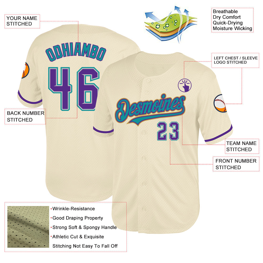 Custom Cream Purple Gray Teal-Old Gold Mesh Authentic Throwback Baseball Jersey view 3