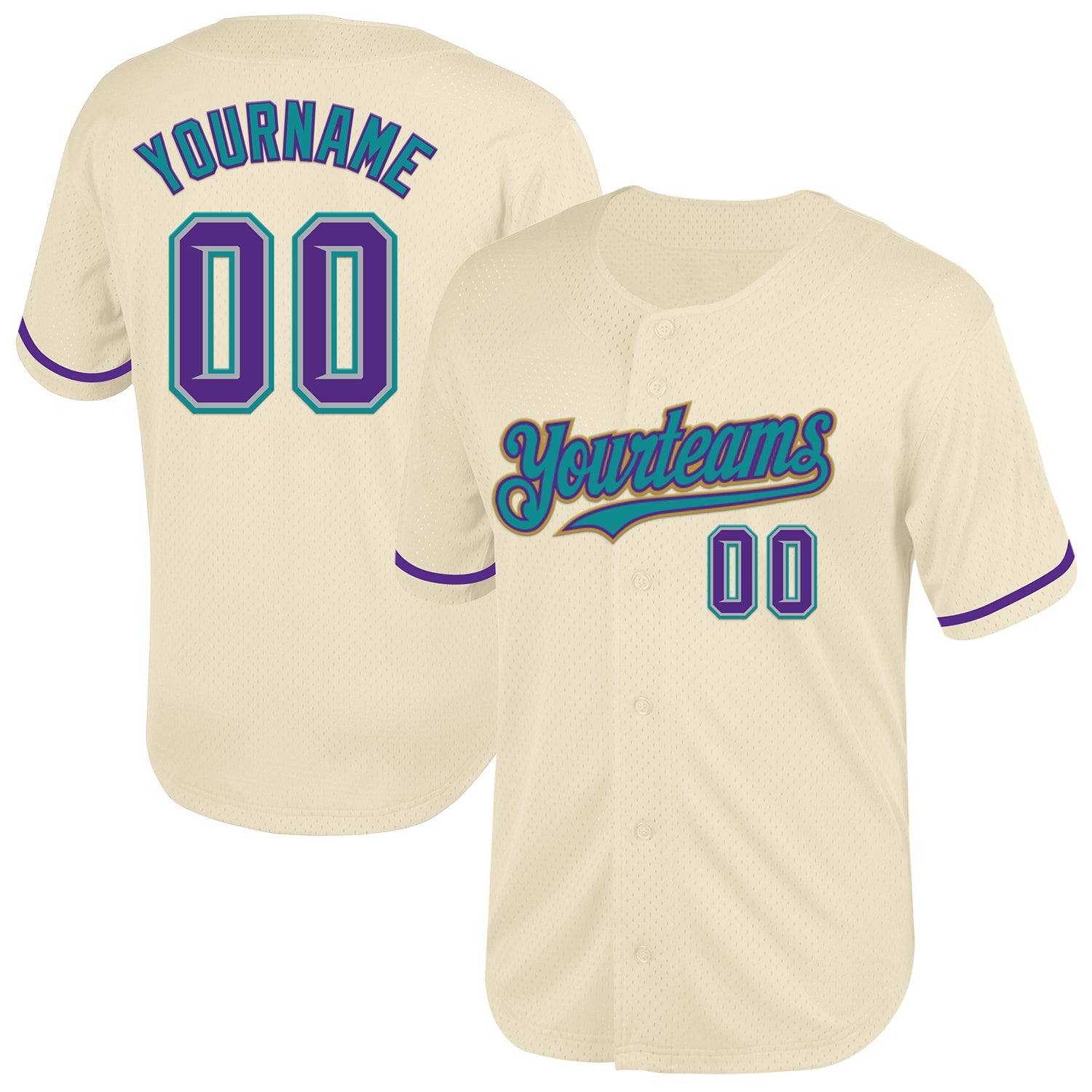 Custom Cream Purple Gray Teal-Old Gold Mesh Authentic Throwback Baseball Jersey - Main View