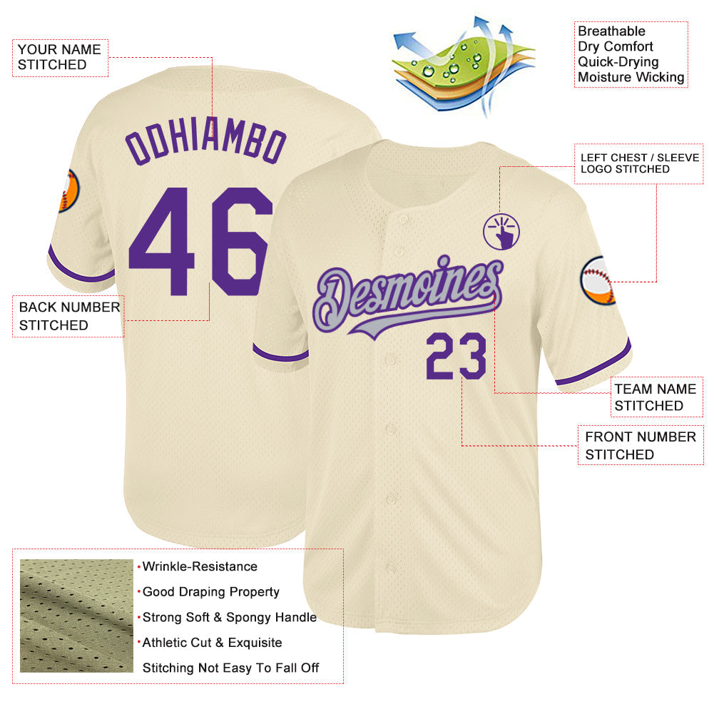 Custom Cream Purple-Gray Mesh Authentic Throwback Baseball Jersey view 3