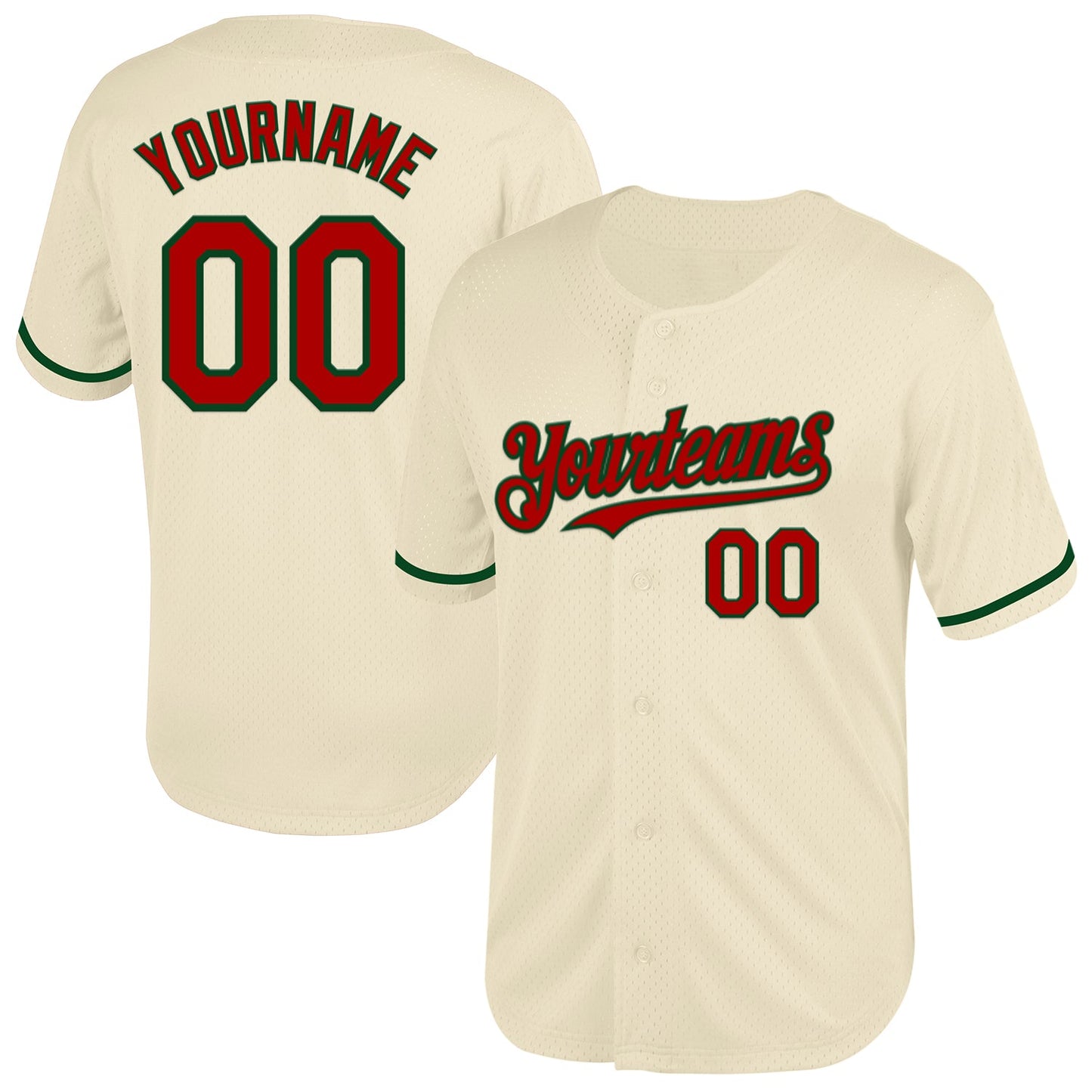 Custom Cream Red-Green Mesh Authentic Throwback Baseball Jersey - Main View