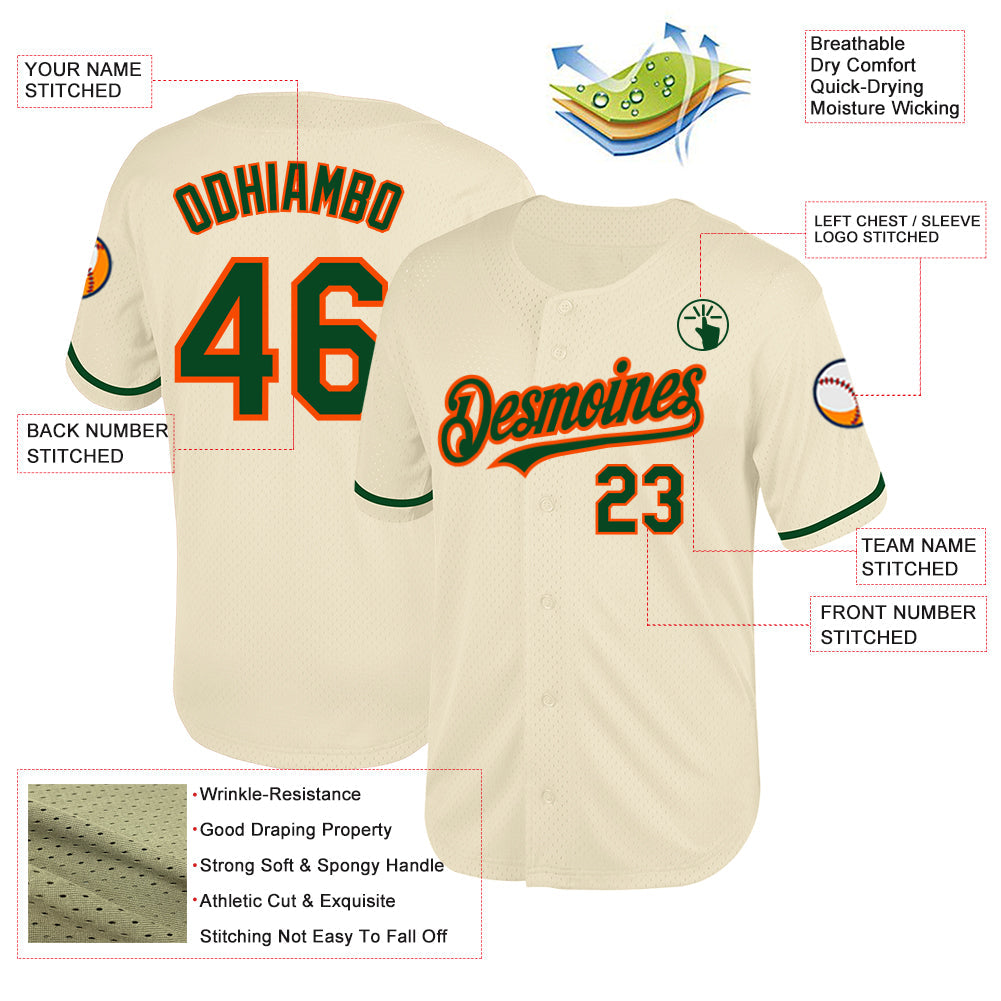 Custom Cream Green-Orange Mesh Authentic Throwback Baseball Jersey view 3