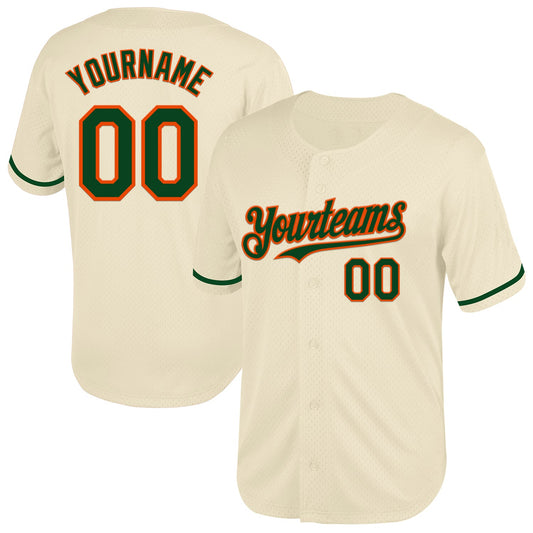Custom Cream Green-Orange Mesh Authentic Throwback Baseball Jersey - Main View