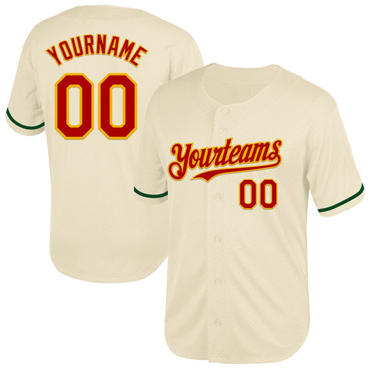 Custom Cream Red-Gold Mesh Authentic Throwback Baseball Jersey - Main View