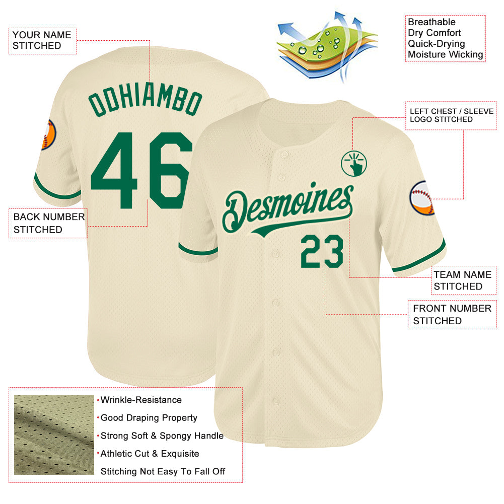 Custom Cream Kelly Green Mesh Authentic Throwback Baseball Jersey view 3