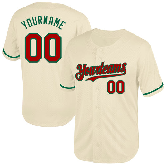 Custom Cream Red-Kelly Green Mesh Authentic Throwback Baseball Jersey - Main View
