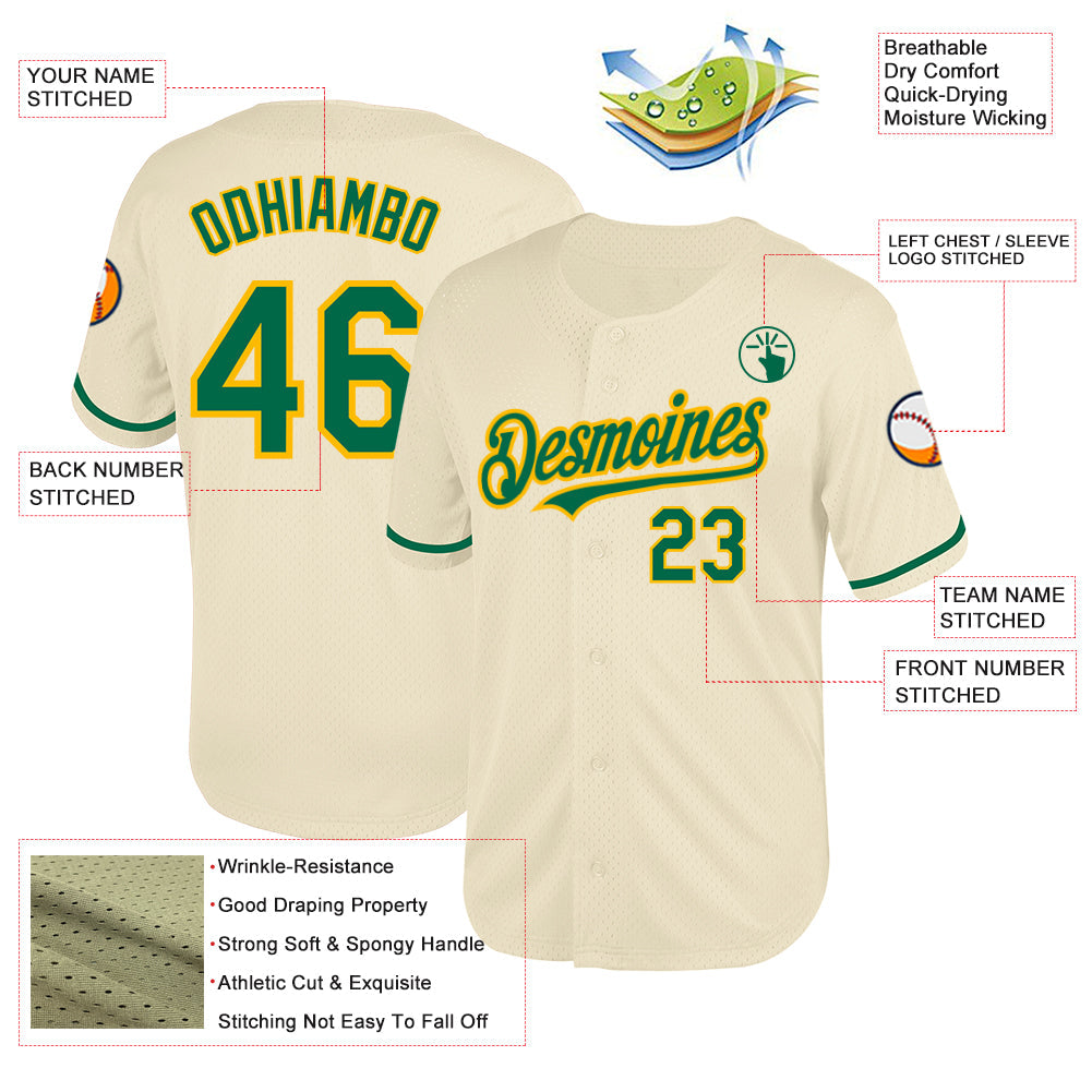 Custom Cream Kelly Green-Gold Mesh Authentic Throwback Baseball Jersey view 3