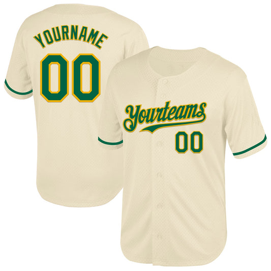 Custom Cream Kelly Green-Gold Mesh Authentic Throwback Baseball Jersey - Main View