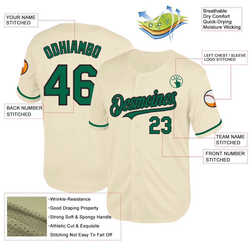 Custom Cream Kelly Green-Black Mesh Authentic Throwback Baseball Jersey view 3