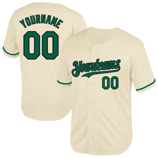 Custom Cream Kelly Green-Black Mesh Authentic Throwback Baseball Jersey - Main View