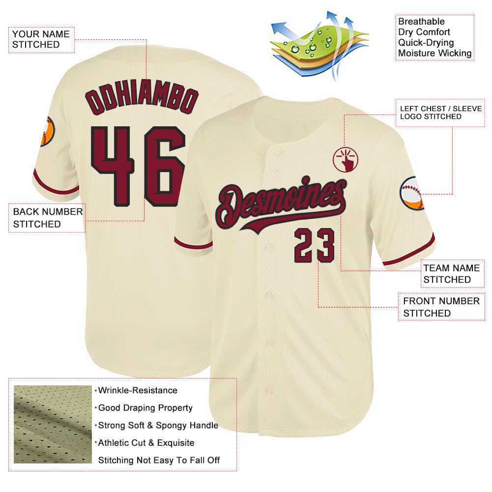 Custom Cream Crimson-Black Mesh Authentic Throwback Baseball Jersey view 3
