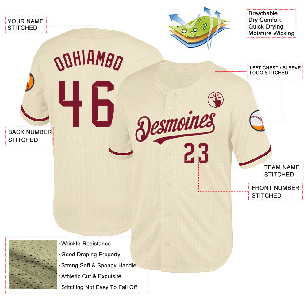 Custom Cream Crimson Mesh Authentic Throwback Baseball Jersey view 3