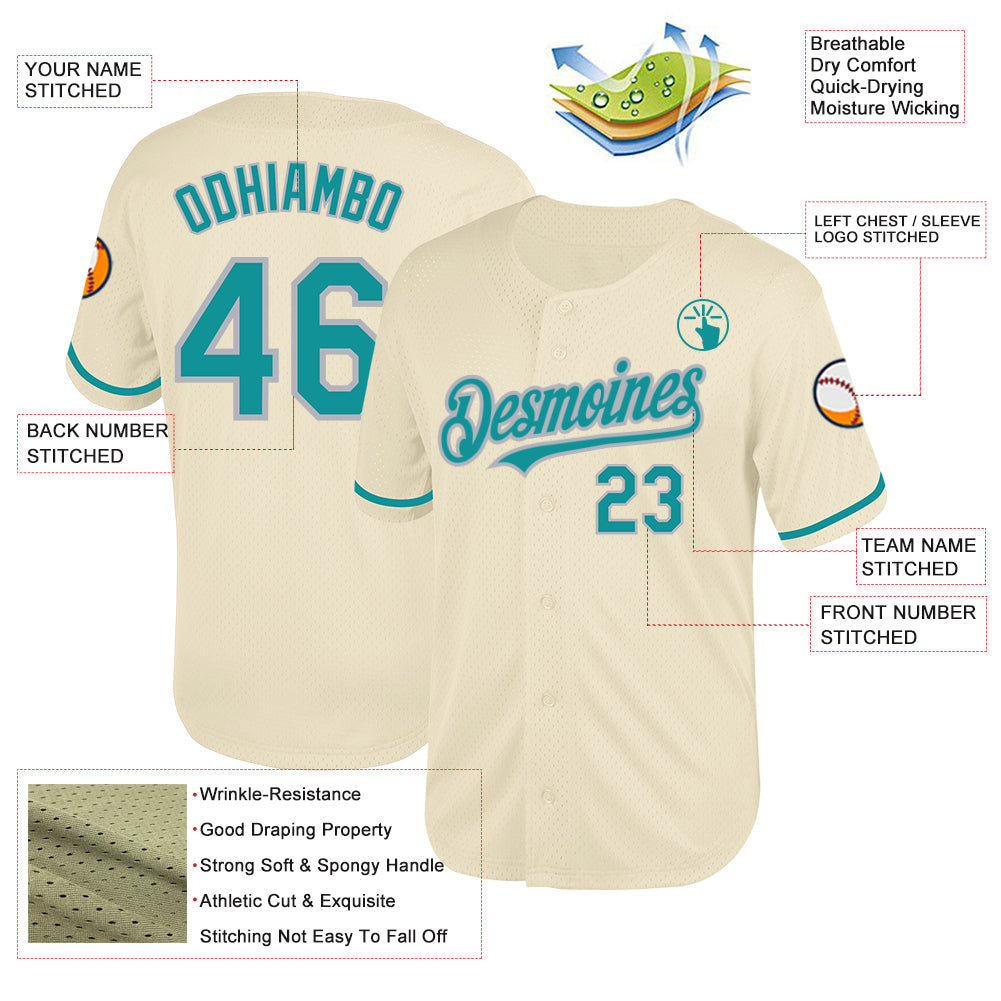 Custom Cream Teal-Gray Mesh Authentic Throwback Baseball Jersey view 3