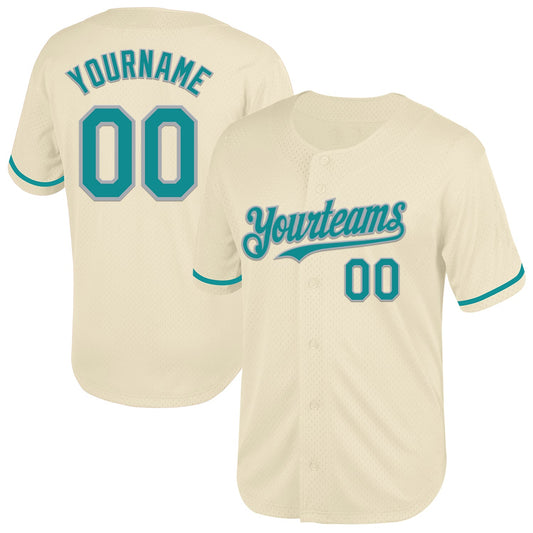 Custom Cream Teal-Gray Mesh Authentic Throwback Baseball Jersey - Main View
