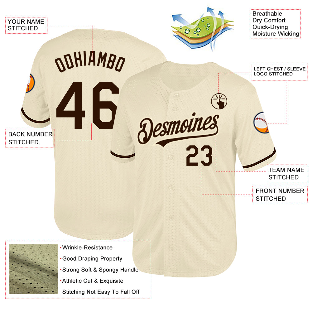 Custom Cream Brown Mesh Authentic Throwback Baseball Jersey view 3