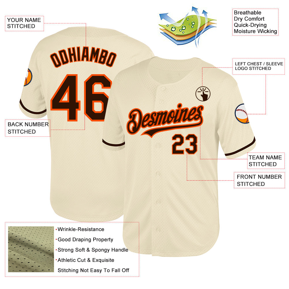 Custom Cream Brown-Orange Mesh Authentic Throwback Baseball Jersey view 3