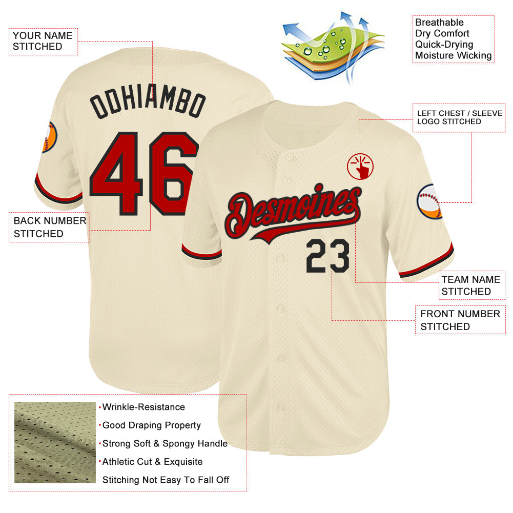 Custom Cream Red-Black Mesh Authentic Throwback Baseball Jersey view 3