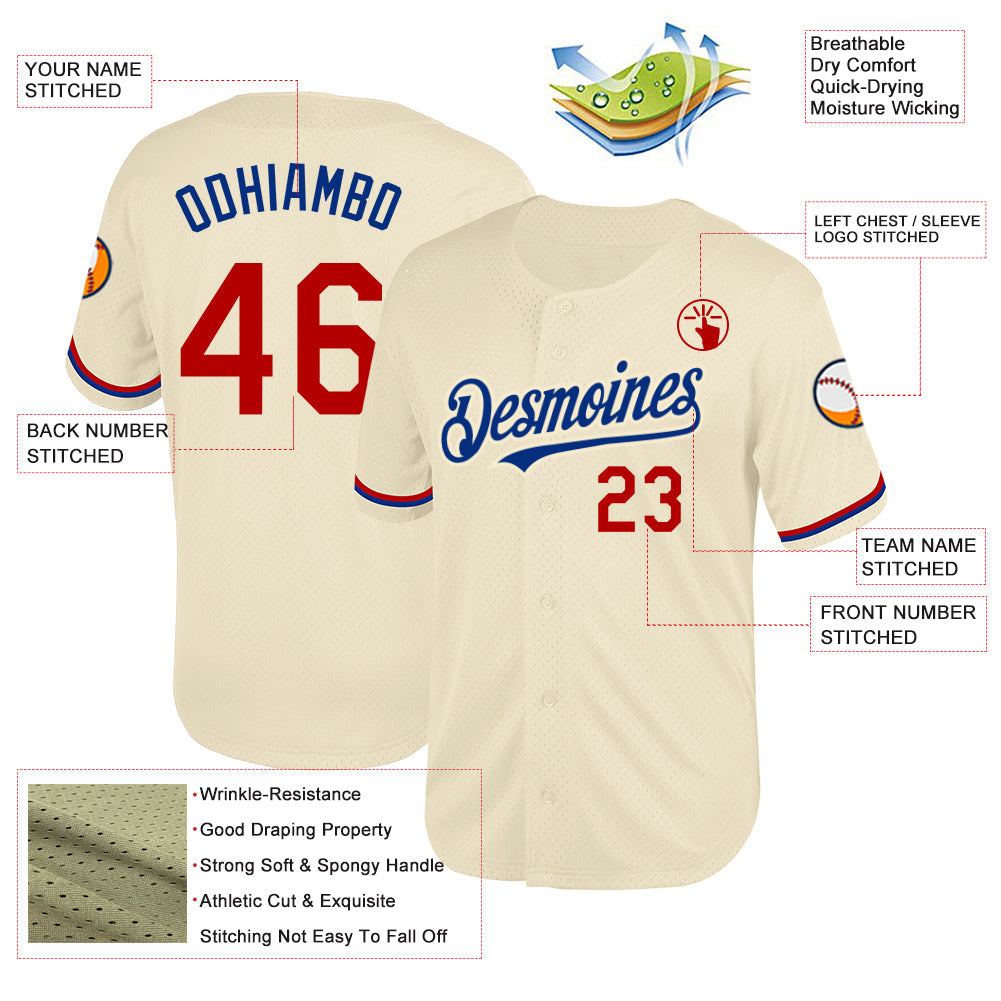 Custom Cream Red-Royal Mesh Authentic Throwback Baseball Jersey view 3