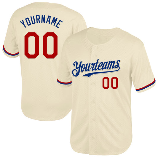 Custom Cream Red-Royal Mesh Authentic Throwback Baseball Jersey - Main View